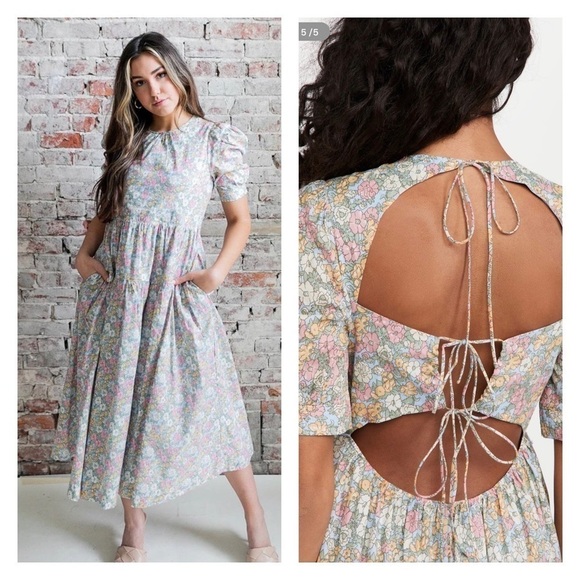NWT EN SAISON x Revolve Floral Cotton Poplin Open Back Midi Dress Medium - Picture 3 of 9